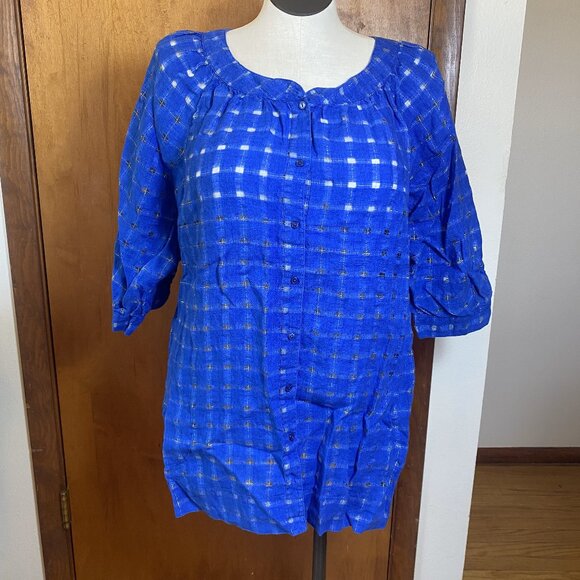 EUC Chico's 3 (XL) Linen Blend Squares Transparent Button-Up Blouse - Picture 1 of 7